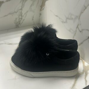 Here/now fur Pom Pom black suede slip on sneakers